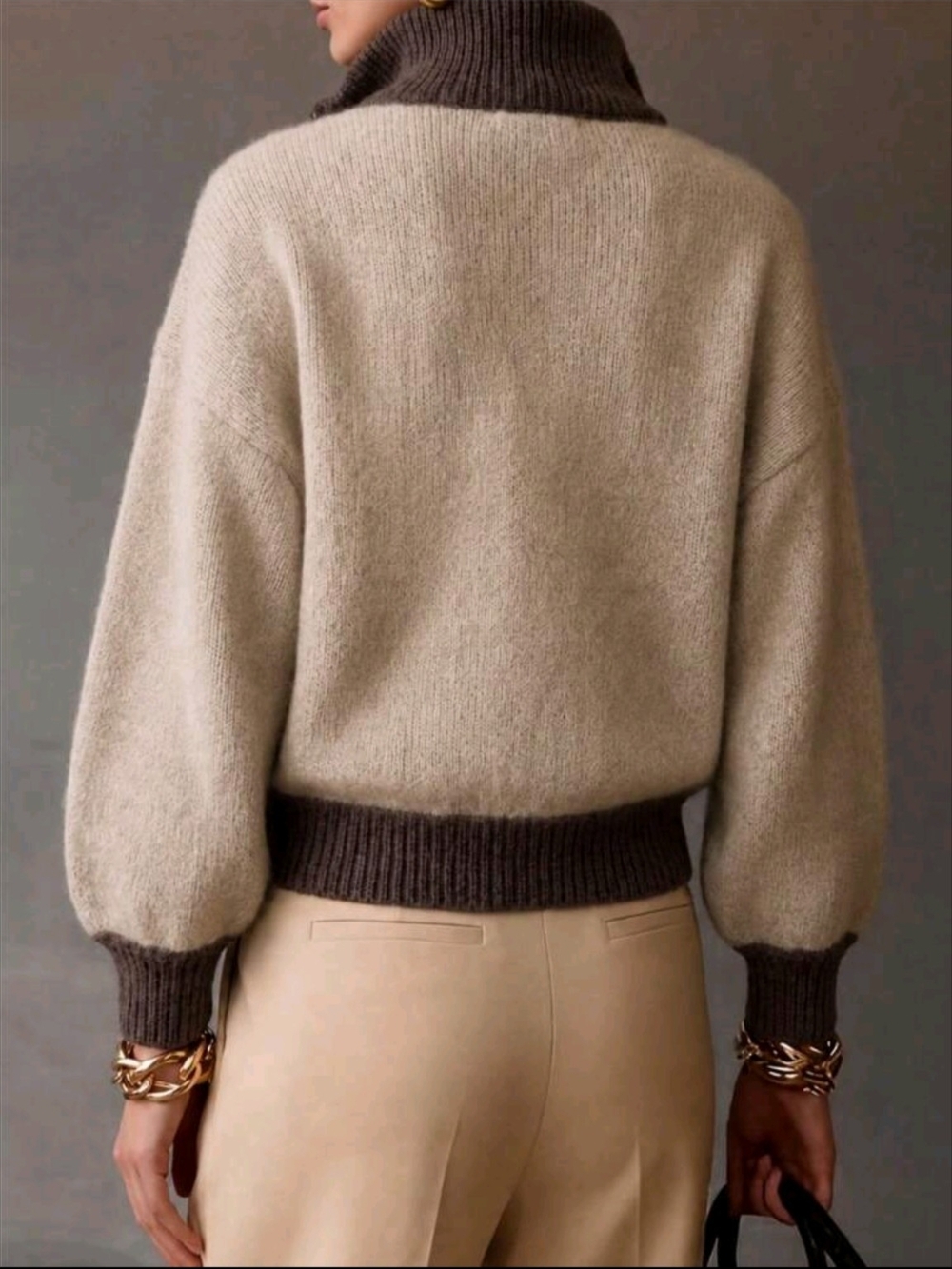 Cozy Two-Tone Funnel Neck Sweater in Beige and Dark Brown